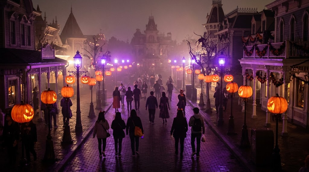 ハロウィーンの飾りとオレンジ色の照明に包まれた、夜のテーマパークの通りのイメージ